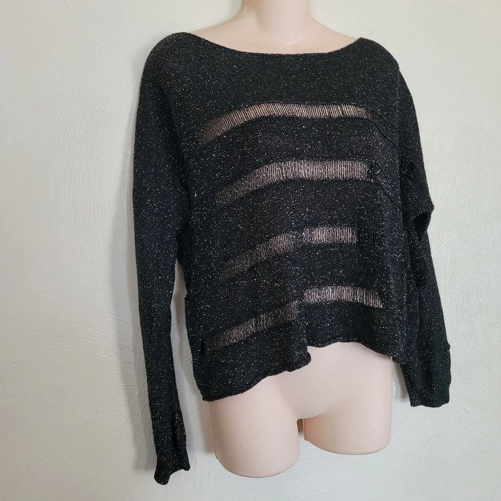 Rock & Republic Black Metallic Distressed Knit Cut out Sweater Size Womens L/XL